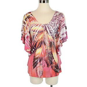 La Fama Mixed Print Blouse Womens Size Medium Kimono Sleeves Colorful Y2K 90s